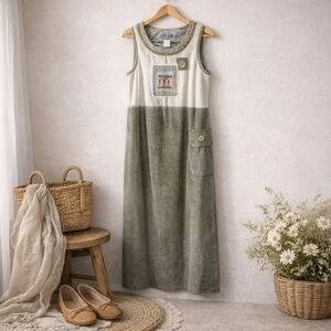 Vintage City Girl Sport Prairie Dress Cottagecore Midi Sleeveless Patchwork 21pt